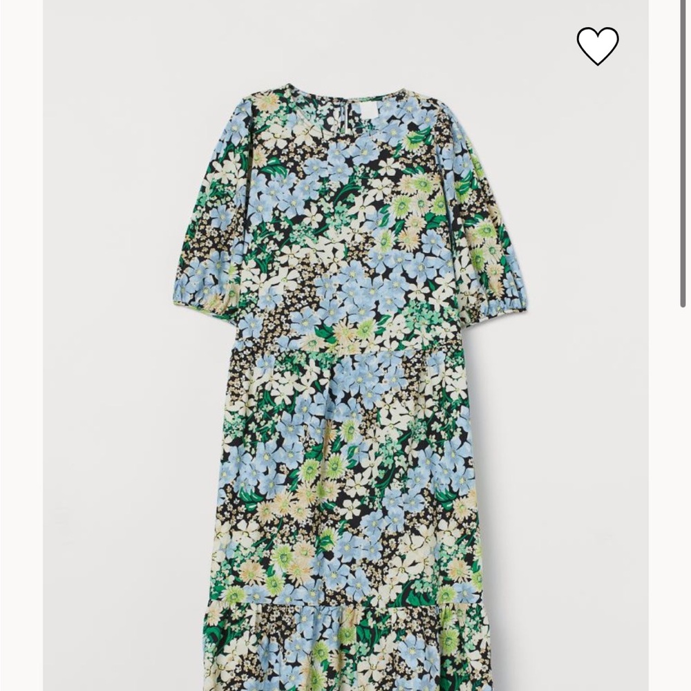 H&M puff-sleeved dress 🌸 floral black and green midi length | small